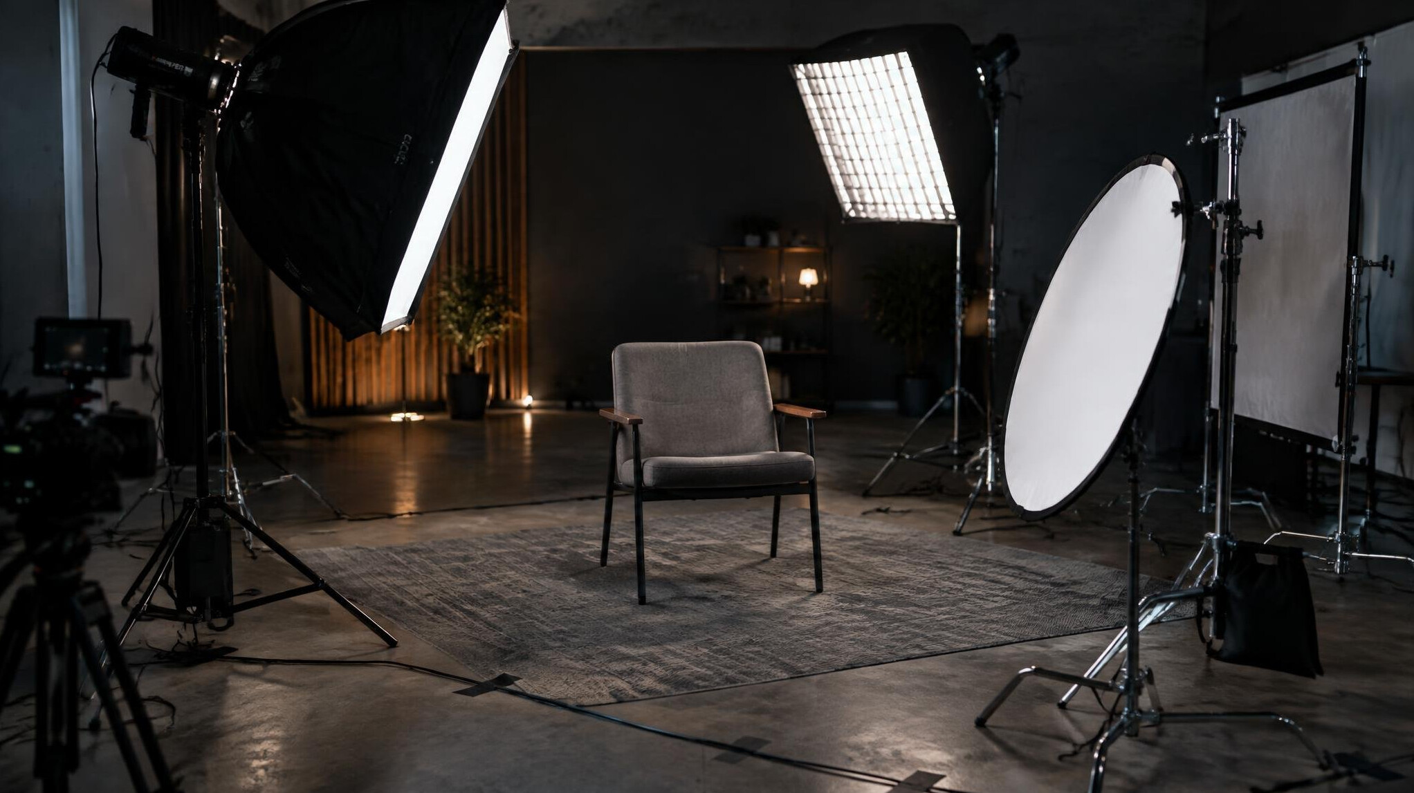 Softbox lighting equipment set up in a video studio