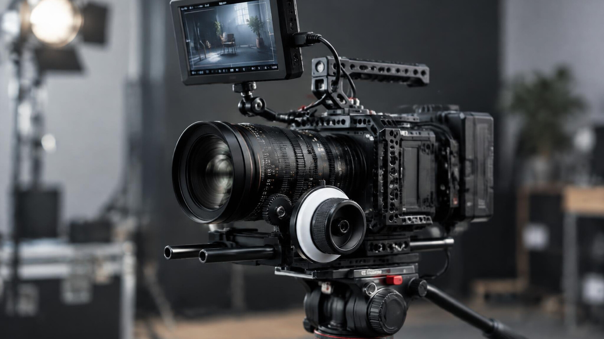 Professional video camera mounted on a tripod with rig accessories